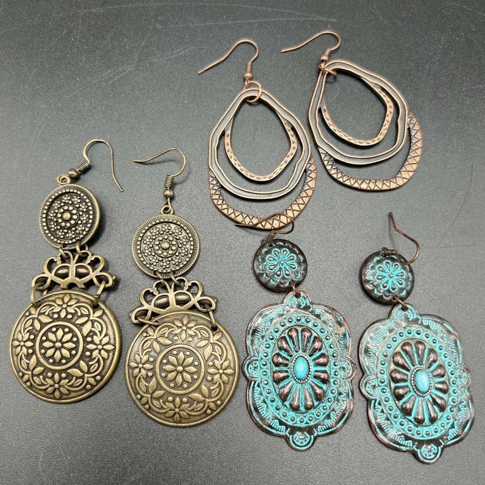 3 pairs Western Rodeo style dangle earrings Copper & Brass tones, Concho